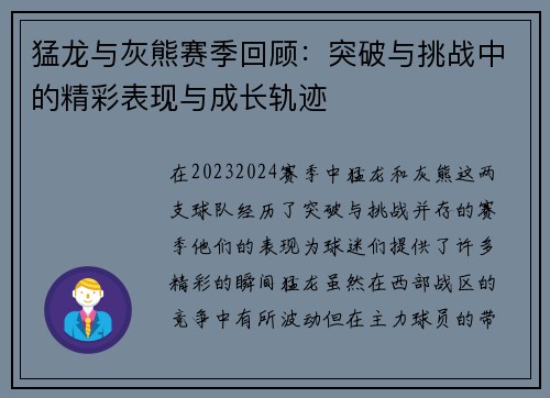 猛龙与灰熊赛季回顾:突破与挑战中的精彩表现与成长轨迹 猛龙与灰熊赛季回顾:突破与挑战中的精彩表现与成长轨迹