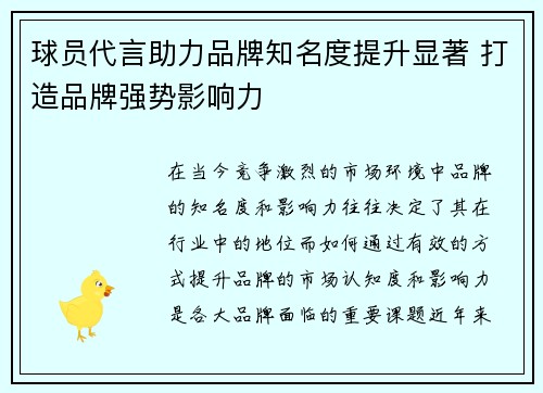 球员代言助力品牌知名度提升显著 打造品牌强势影响力